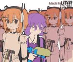  6+girls a.i._voice adachi_rei android black_jacket character_name clone commentary_request copyright_name criss-cross_halter dress halterneck holding holding_water_gun i_robot jacket joints kurokoge013 long_hair low_twintails medium_hair multiple_girls one_side_up open_clothes open_jacket orange_eyes orange_hair parody purple_dress purple_eyes purple_hair robot_joints simple_background sweat twintails utau v-shaped_eyebrows vocaloid voiceroid water_gun white_background yuzuki_yukari 