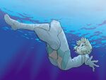  1girl blonde_hair boots commentary_request dress element_hunters full_body green_eyes juno_(element_hunters) light_rays looking_up open_mouth panties pantyshot short_dress short_hair sinking sleeveless sleeveless_dress solo thigh_boots underwater underwear upskirt water yokoshima_tomoaki 