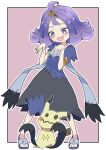  1girl :3 :d absurdres acerola_(pokemon) armlet blue_eyes bright_pupils commentary dress hair_ornament hairclip hands_up highres jburtenmm26 jewelry looking_down medium_hair mimikyu open_mouth outline pokemon pokemon_(creature) pokemon_sun_and_moon purple_hair sandals short_sleeves smile standing stitches toes topknot white_pupils 