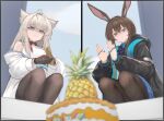  2girls absurdres amiya_(arknights) animal_ears arknights arknights:_endfield ascot bird_ears bird_girl black_coat blonde_hair blue_eyes blue_skirt blurry blurry_foreground brown_hair brown_pantyhose cake clapping coat commentary_request food fruit half-closed_eyes highres jewelry long_hair looking_at_viewer mebe_(teadia_violet) multiple_girls multiple_rings off_shoulder open_clothes open_coat pantyhose parted_lips perlica_(arknights) pineapple plaid_clothes plaid_skirt purple_ascot rabbit_ears rabbit_girl ring ring_on_every_finger shirt sitting skirt sleeveless sleeveless_shirt thighs time_paradox unamused white_coat white_shirt 