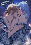  2boys armpit_crease bare_pectorals blue_eyes blue_gem blue_hair blue_kimono blurry blurry_background blush bracelet brown_hair clenched_teeth closed_eyes collarbone crystal_necklace edmond_(nu_carnival) eiden_(nu_carnival) furrowed_brow gem grabbing_another's_arm hair_between_eyes hair_down hair_ornament hairclip hairpin half-closed_eyes hickey highres japanese_clothes jewelry kimono kimono_partially_removed licking licking_another's_neck long_hair male_focus multiple_boys night nipples nu_417 nu_carnival one_eye_closed outdoors parallel_hairclips partially_submerged pectorals ponytail print_kimono raised_inner_eyebrows ring saliva short_ponytail striped_clothes striped_kimono teeth twitter_username undressing_another very_long_hair water water_drop wet wet_clothes wet_hair yaoi yukata 