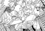  bad_id bad_pixiv_id barnaby_brooks_jr clenched_hand clenched_hands foreshortening greyscale highres kaburagi_t_kotetsu kicking lineart monochrome multiple_boys natano_hisanori power_suit punching tiger_&amp;_bunny 