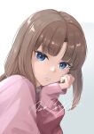  1girl after_war_gundam_x blue_eyes blunt_bangs brown_hair commentary gradient_background grey_background gundam long_hair long_sleeves looking_at_viewer low_ponytail ponytail serike_w sidelocks signature solo tiffa_adill upper_body 