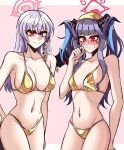  2girls absurdres belly bikini black_hair blue_archive blue_hair blush braid breasts closed_mouth colored_inner_hair embarrassed fuuka_(blue_archive) gold_bikini halo haruna_(blue_archive) headscarf highres horns kumori0_(cloudy) long_hair medium_breasts multicolored_hair multiple_girls navel red_eyes red_hair red_halo side_braid simple_background small_breasts smile swimsuit white_hair 