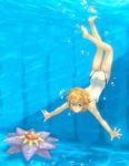  1girl air_bubble aqua_background ass barefoot bubble caustics commentary_request freediving green_eyes miraclenight misty_(pokemon) one-piece_swimsuit orange_hair photoshop_(medium) pokemon pokemon_(creature) pokemon_hgss pool short_hair smile starmie swimming swimsuit underwater 