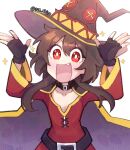  021_shiro 1girl :d \||/ artist_name belt black_belt black_choker black_gloves blush brown_hair brown_hat button_eyes buttons cape choker collarbone commentary cowboy_shot dress english_commentary fang fingerless_gloves flat_chest gloves hat kono_subarashii_sekai_ni_shukufuku_wo! long_hair long_sleeves looking_at_viewer megumin open_mouth red_dress red_eyes simple_background smile solo sparkle sparkling_eyes twitter_username white_background wide_sleeves witch_hat 