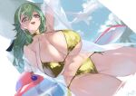  1girl aircraft airplane ario bikini blue_eyes breasts cleavage cloud commentary_request dutch_angle gold_bikini gold_choker green_hair hair_between_eyes halterneck hat huge_breasts inflatable_dolphin inflatable_toy long_hair open_mouth original outdoors palm_tree partially_submerged see-through_clothes see-through_shirt shirt side-tie_bikini_bottom sky solo swimsuit tree water white_hat 