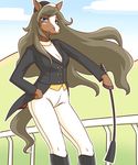  breasts cleavage clothed clothing cloud clouds equine female hair helmet hooves horse long_hair mammal outfit railing riding_crop snakehunter solo suit 