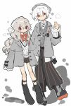  1boy 1girl :3 black_boots black_pants black_socks blush_stickers boots closed_mouth commentary_request double-parted_bangs full_body grey_hair grey_hat grey_jacket grey_sweater hair_between_eyes hand_up hat highres jacket kneehighs legwear_garter long_hair long_sleeves looking_at_viewer open_clothes open_jacket orange_eyes original pants red_eyes short_hair simple_background skirt smile socks standing striped_clothes striped_pants striped_skirt sweater uenae_chiyiro vertical-striped_clothes vertical-striped_pants vertical-striped_skirt white_background white_hair white_sweater 