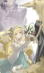  1boy 2girls absurdres animal_ears arknights blonde_hair blue_hairband chinese_commentary commentary_request father_and_child father_and_daughter flower fox_ears fox_girl fox_tail frilled_hairband frills green_eyes hairband highres holding husband_and_wife kitsune long_hair long_sleeves mother_and_child mother_and_daughter multiple_girls multiple_tails official_alternate_costume parent_and_child skirt suzuran's_father_(arknights) suzuran_(arknights) suzuran_(spring_praise)_(arknights) tail vulpisfoglia_(arknights) xing_feng_singfor 