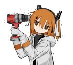  1girl a.i._voice adachi_rei black_sweater closed_mouth coat commentary hands_up holding holding_power_drill hood hood_down hooded_coat medium_hair mizhou_(mzhu112646) one_side_up orange_eyes orange_hair power_drill simple_background solo sweater upper_body utau white_background white_coat 