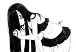  1girl bags_under_eyes bare_shoulders bikini bikini_skirt black_bikini black_hair blush breasts closed_mouth collarbone frilled_bikini frills ghost_girl greyscale hair_over_one_eye highres long_hair looking_at_viewer lughost monochrome navel ruffle_bikini scar scar_on_face scar_on_lip scar_on_mouth side-tie_bikini_bottom signature simple_background solo stomach swimsuit the_ring very_long_hair white_background yamamura_sadako 