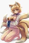  1girl barefoot bikini blush breasts commentary_request gold_bikini gold_thong highres kaden_(muxt8423) large_breasts simple_background solo sweat swimsuit thighs touhou white_background yakumo_ran 