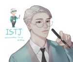  16personalities 1boy 7hrang aqua-framed_eyewear aqua_jacket black_necktie closed_mouth collared_shirt english_text expressionless glasses grey_eyes hand_up highres holding holding_pen holding_pencil jacket lips logistician_(16personalities) long_hair male_focus myers-briggs_type_indicator necktie official_art_inset parted_bangs pen pencil portrait reference_inset semi-rimless_eyewear shirt simple_background solo third-party_source under-rim_eyewear very_long_hair white_background white_hair white_shirt 