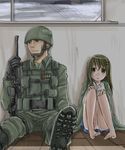  1girl assault_rifle barefoot boots brown_hair child commentary_request gloves gun hair_ornament hairclip height_difference helmet long_hair military military_uniform mogu_(up.) original rifle sitting skirt soldier uniform weapon window 