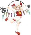  \o/ arms_up ascot bad_id bad_pixiv_id blonde_hair bloomers blush closed_eyes flandre_scarlet full_body hat laevatein lowres madhand midriff no_pants open_mouth outstretched_arms running shirt side_ponytail solo touhou transparent_background underwear wings 