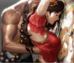  1boy 1girl armpits artist_request breast_grab breasts brown_hair chinese_clothes chinese_dress earrings grabbing jewelry jianxia_qingyuan_3 long_hair molest molestation rape realistic source_request 