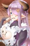  1girl apron bandaid bandaid_on_face bandaid_on_nose blue_eyes blush breasts chocolate chocolate_on_body chocolate_on_breasts chocolate_on_face cleavage cleavage_cutout clothing_cutout commentary_request draph food food_on_body food_on_face from_side granblue_fantasy hair_over_one_eye heart_cutout highres horns huge_breasts licking licking_finger long_hair looking_at_viewer narmaya_(granblue_fantasy) narmaya_(valentine)_(granblue_fantasy) oekakisalt official_alternate_costume open_mouth purple_hair purple_ribbon ribbon sweater white_apron 