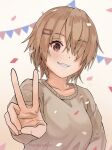  amayomiyu brown_hair commentary_request confetti grey_shirt hair_ornament hair_over_one_eye hairpin heaven_burns_red looking_at_viewer one_eye_covered red_eyes shirt short_hair smile string_of_flags v 