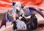  1girl absurdres albion_(azur_lane) albion_(silvermoon_faerie_princess)_(azur_lane) azur_lane bare_hips bare_shoulders black_dress black_horns breasts clothing_cutout commentary_request curled_horns demon_horns demon_wings dress elbow_gloves gem gloves gold_trim grey_eyes hair_between_eyes hair_on_wing heart-shaped_gem highres hip_vent horns large_horns leaning_to_the_side long_hair looking_at_viewer official_alternate_costume outdoors pointy_ears red_gem red_skirt skirt solo underboob underboob_cutout very_long_hair white_hair wings xin_dou_suile. 