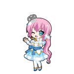  1girl ;d anklet aqua_eyes argyle_clothes argyle_pantyhose blue_dress blue_shoes blush bow chibi chibi_only crown dress earrings flats fur-trimmed_dress fur_trim hair_ornament hands_up hatsune_miku_graphy_collection jewelry long_hair low_ponytail megurine_luka mini_crown one_eye_closed pantyhose pink_hair ponytail shoes smile snowflake_hair_ornament snowflake_print solo standing transparent_background very_long_hair vocaloid waist_bow white_pantyhose 