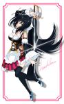  1girl absurdres alternate_hairstyle animal_ears apron black_hair black_thighhighs blue_eyes blue_shoes breasts cleavage commentary_request detached_sleeves ear_ribbon ear_scrunchie eishin_flash_(meisterschaft)_(umamusume) eishin_flash_(umamusume) frilled_apron frills from_side german_clothes hachimii_flash hair_between_eyes hair_ribbon high_heels highres holding holding_sword holding_weapon horse_ears horse_girl large_breasts long_hair looking_at_viewer looking_to_the_side partial_commentary ponytail rapier ribbon scrunchie shoes skirt solo striped_clothes striped_skirt swept_bangs sword thighhighs umamusume vertical-striped_clothes vertical-striped_skirt weapon white_apron white_ribbon white_scrunchie 