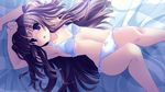  1girl blue_bra blue_panties blush bra brown_hair highres hinamidori_chiwa lingerie long_hair lying navel on_back panties pochi_to_goshujin-sama purple_eyes solo underwear underwear_only 