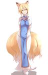  animal_ears arms_behind_back bangs blonde_hair breasts contrapposto curvy dearmybrothers dress face fox_ears fox_tail highres hips large_breasts lips looking_away multiple_tails no_hat no_headwear shadow shiny shiny_clothes short_hair simple_background smile solo standing tabard tail touhou walking wide_hips yakumo_ran yellow_eyes 