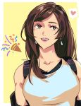  1girl bare_shoulders birthday black_gloves black_hair border breasts brown_hair collarbone confetti earrings elbow_gloves emi-bianchi english_commentary final_fantasy final_fantasy_vii final_fantasy_vii_remake gloves hair_over_shoulder heart highres jewelry long_hair medium_breasts open_mouth outside_border party_popper pink_lips solo spoken_heart suspenders swept_bangs tank_top tifa_lockhart upper_body white_border white_tank_top yellow_background 