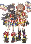  2girls :d absurdres ahoge ascot balloon black_ascot black_eyes black_hair black_shoes blue_socks blush_stickers bright_pupils brown_eyes brown_hair commentary_request crossed_bangs dot_nose dress full_body hair_between_eyes highres jewelry long_hair multiple_girls open_mouth original pendant red_dress red_socks shoes short_sleeves simple_background smile socks standing striped_clothes striped_dress striped_socks two-tone_socks uenae_chiyiro vertical-striped_clothes vertical-striped_dress vertical-striped_socks white_ascot white_background white_pupils 