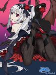  1girl absurdres bare_shoulders bat_(animal) bat_wings black_boots black_bow black_gloves boots bow commentary_request commission dated demon_girl fishnet_pantyhose fishnets flower gloves hair_flower hair_ornament high_heels highres ino_(magloid) long_hair looking_at_viewer lying mare_(ac8231) on_stomach original pantyhose parted_lips red_eyes red_flower red_rose rose second-party_source signature skeb_commission solo white_hair wings 