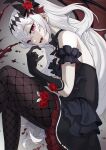  1girl absurdres bare_shoulders bat_wings black_bow black_bowtie black_dress black_gloves black_pantyhose blood blood_on_face bow bowtie breasts commentary_request commission deca_purio demon_girl dress elbow_gloves fishnet_pantyhose fishnets flower flower_thigh_strap frilled_dress frills gloves hair_flower hair_ornament highres long_hair looking_at_viewer lying mare_(ac8231) medium_breasts naked_bowtie on_side one_side_up open_mouth original pantyhose red_eyes red_flower red_rose rose second-party_source skeb_commission solo teeth tongue tongue_out vampire white_hair wings 