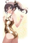  1girl absurdres ahoge alternate_costume ass blue_eyes breasts brown_hair curio_(curiofinity) gold_one-piece_swimsuit highres hololive long_hair looking_at_viewer natsuiro_matsuri one-piece_swimsuit open_mouth ponytail sideboob small_breasts solo swimsuit teeth upper_teeth_only virtual_youtuber 