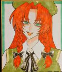  1girl beret black_ribbon border braid collared_shirt commentary_request green_border green_eyes green_hat green_pupils green_vest hat hat_ornament highres hong_meiling long_hair looking_at_viewer mamiru_(42105269) neck_ribbon parted_bangs photo_(medium) red_background red_hair ribbon shirt simple_background smile solo star_(symbol) star_hat_ornament star_pin teeth tongue touhou traditional_media tsurime twin_braids upper_teeth_only vest white_background white_shirt 