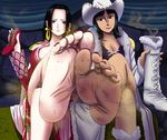  barefoot black_hair blue_eyes boa_hancock breasts cowboy_hat dirty_feet dress feet hat large_breasts long_dress long_hair long_toenails multiple_girls nail_polish nico_robin one_piece pii_(taromura) pov_feet smell smelly_feet toenail_polish toenails western 