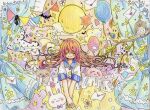  1girl balloon bird blanket blush closed_eyes closed_mouth colored_pencil_(medium) commentary_request highres long_hair original owl pink_hair shirt short_sleeves smile solo star_(symbol) streamers stuffed_animal stuffed_rabbit stuffed_toy traditional_media uenae_chiyiro under_covers white_shirt 