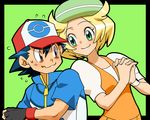  1girl amada baseball_cap bel_(pokemon) black_hair blonde_hair brown_eyes couple fingerless_gloves gloves green_eyes hands_clasped hat hetero own_hands_together pokemon pokemon_(anime) pokemon_bw_(anime) satoshi_(pokemon) simple_background smile sweat sweatdrop wavy_mouth wristband 