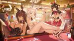  3girls absurdres alcohol animal_ear_hairband animal_ear_headwear animal_ears bare_shoulders between_breasts black_bow black_bowtie black_hair black_leotard black_necktie black_shrug blanc_(nikke) blush bow bowtie breasts brown_hair card card_between_breasts cleavage closed_mouth colored_inner_hair cup dark-skinned_female dark_skin detached_collar drinking_glass fake_animal_ears fang fishnet_pantyhose fishnets goddess_of_victory:_nikke hair_ornament hairband heart_pasties high-waist_pantyhose high_heels highres hiphighs holding large_breasts latex latex_shrug leggings leotard long_hair medium_breasts mismatched_pasties multicolored_hair multiple_girls navel necktie noir_(nikke) open_mouth pantyhose pasties pekoku_(tamago_sushi) playboy_bunny poker_chip poker_table rabbit_ear_hairband rabbit_ears red_bow red_hair red_hiphighs red_leggings reverse_bunnysuit reverse_outfit rouge_(nikke) rouge_(unlucky_rabbit)_(nikke) see-through_clothes see-through_pantyhose short_hair shrug_(clothing) siblings sisters skin_fang smile spade_pasties strapless strapless_leotard table television very_long_hair white_hair white_leotard white_wrist_cuffs wine wine_glass wrist_cuffs yellow_eyes 