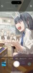  >_< 4girls absurdres aoki_ruri bag black_hair black_skirt blue_hair blue_necktie brown_hair chair chalkboard classroom closed_eyes collared_shirt desk dragon_girl dragon_horns fake_phone_screenshot fake_screenshot fangs grey_hair hagiwara_yuka highres horns indoors kashiro_airi long_hair long_sleeves medium_hair multicolored_hair multiple_girls necktie open_mouth phone pink_eyes pink_hair pleated_skirt pointing red_eyes ruridragon school_bag school_desk school_uniform shirt short_hair sidelocks sitting skirt sleeves_rolled_up smile sweat sweatdrop teeth twintails tyaui_(xjju4435) user_interface waving white_shirt 