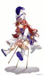  1girl absurdres ankle_boots apple arknights boots bow chinese_commentary colored_shoe_soles commentary_request dress food fruit full_body green_eyes hat highres long_hair long_sleeves looking_at_viewer myrtle_(arknights) myrtle_(light_gold_celebration)_(arknights) official_alternate_costume parted_bangs peaked_cap pointy_ears purple_bow purple_sash red_hair sash shako_cap shoe_soles shoulder_sash simple_background smile solo stool white_background white_boots white_dress white_hat zi_luo_(zilos) 
