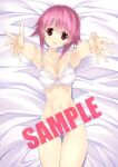  1girl bed_sheet bra breasts chaos;child collarbone commentary_request head_tilt looking_at_viewer lying navel official_art on_back onoe_serika open_mouth outstretched_arms panties pink_bra pink_eyes pink_hair pink_panties promotional_art reaching reaching_towards_viewer sample_watermark sasaki_mutsumi science_adventure small_breasts smile solo stomach thick_thighs thighs underwear underwear_only watermark 