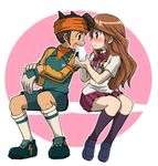  1girl armband blush brown_eyes brown_hair couple eating endou_mamoru food gloves goalkeeper headband hetero inazuma_eleven inazuma_eleven_(series) long_hair nanjou_akimasa onigiri open_mouth raimon raimon_natsumi raimon_soccer_uniform school_uniform short_hair soccer_uniform sportswear 