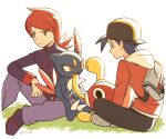  2boys backwards_hat black_hair black_hat chueog closed_mouth commentary_request cowlick ethan_(pokemon) hat highres hood hooded_jacket jacket korean_commentary long_hair long_sleeves looking_down male_focus multiple_boys pants pokemon pokemon_(creature) pokemon_heartgold_and_soulsilver red_hair red_jacket shoes shuckle silver_(pokemon) sitting smile sneasel twitter_username 