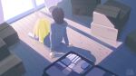  1girl arm_support backlighting black_hair blue_hoodie box cardboard_box commentary_request curtains facing_away folded_clothes glass_door highres hood hood_down hoodie long_skirt on_floor original rolling_suitcase scenery shadow sitting skirt slice_of_life socks solo suitcase sunlight taizo_(taizo_03) wooden_floor yellow_skirt 