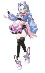  1girl absurdres alternate_costume animal_ear_headphones animal_ears black_gloves black_thighhighs blue_hoodie blue_shorts cat_ear_headphones cat_ears commentary_request cropped_hoodie deli_(user_ffdx5587) fake_animal_ears female_esper_zero_(neverness_to_everness) fingerless_gloves gloves grey_hair headphones highres hood hoodie looking_at_viewer neverness_to_everness shoes shorts solo thighhighs white_shoes 