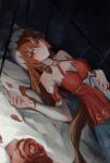  1girl absurdres animal_ears bare_shoulders blush breasts brown_hair commentary_request detached_sleeves dress ear_covers ear_ribbon flower hair_between_eyes hair_ornament highres horse_ears horse_girl horse_tail long_hair looking_at_viewer lying multicolored_hair on_back parted_lips red_dress red_eyes red_flower red_rose ribbon rose shippo_(pixiv_18567314) small_breasts smile solo still_in_love_(scarlet_vow_raiment)_(umamusume) still_in_love_(umamusume) streaked_hair tail umamusume veil white_streaks white_veil 