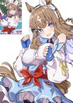  +_+ 1girl absurdres ahti almond_eye_(the_changer)_(umamusume) almond_eye_(umamusume) animal_ears bare_shoulders blue_eyes blue_gloves blush bow_hairband braid braided_sidelocks breasts brown_hair checkered_collar colored_inner_hair commentary_request dancing detached_sleeves dress fingerless_gloves game_screenshot_inset gloves hair_ornament hairband hairclip highres horse_ears horse_girl horse_tail large_breasts long_hair looking_at_viewer multicolored_hair open_mouth red_button screenshot_inset sidelocks smile solo symbol-shaped_pupils tail umamusume white_hairband x-shaped_pupils 