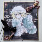  1girl alternate_costume alternate_eye_color blonde_hair blue_dress blue_eyes brooch collared_dress commentary disembodied_eye dress frilled_dress frilled_sleeves frills hat highres jewelry kz_m_i long_hair long_sleeves maribel_hearn mob_cap parted_lips signature solo touhou traditional_media white_hat 
