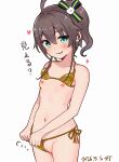  1girl absurdres ahoge bikini bikini_bottom_aside bikini_top_lift breasts brown_hair cat_hair_ornament cleft_of_venus clothes_lift clothing_aside commentary_request dated gold_bikini green_eyes groin hair_ornament hair_ribbon highres hololive looking_at_viewer natsuiro_matsuri navel nipples ontake2009 open_mouth pussy ribbon short_hair side-tie_bikini_bottom side_ponytail simple_background small_breasts solo string_bikini swimsuit translation_request uncensored virtual_youtuber white_background 