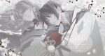  1boy 1girl black_bridal_gauntlets black_hair black_shrug blunt_bangs blunt_ends braid bridal_gauntlets cherry_blossoms clothing_cutout commission eyelashes falling_petals feathers fingernails flower genshin_impact grass grey_eyes grey_kimono hair_flower hair_ornament japanese_clothes kariginu kimono long_hair long_sidelocks long_sleeves looking_at_viewer low-braided_long_hair low-tied_long_hair lying mandarin_collar mole mole_under_eye mother_and_child mother_and_son obi obiage obijime off_shoulder on_back on_ground pale_color parent_and_child parted_lips petals pink_flower pink_petals pom_pom_(clothes) purple_flower purple_kimono purple_sash raiden_shogun red_sash ringo_shou_abura sash scaramouche_(genshin_impact) scaramouche_(kabukimono)_(genshin_impact) second-party_source shoulder_cutout shrug_(clothing) sidelocks string swept_bangs tsurime twitter_username watermark white_flower white_mouth wispy_bangs 